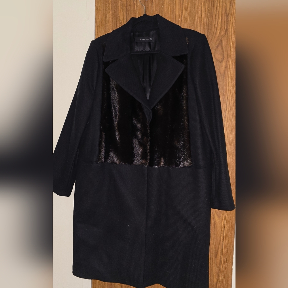 Zara Black Trench Coat with Faux Fur Detail